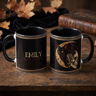 Personalisierter schwarzer Katzenskelett-Totenkopf Tasse