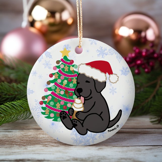 Personalisierter Schwarzer Labrador Keramik Ornament (Personalized Black Labrador Ice Cream Christmas Ornament for Black Labrador Owners.  Cartoon Style.)