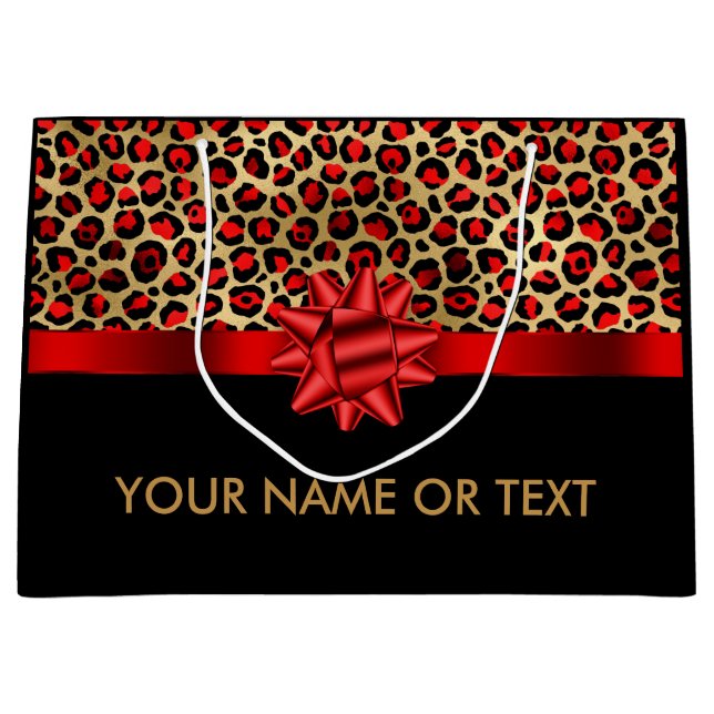 Personalisierter schwarzer Leopard RED BOW Große Geschenktüte (Vorderseite)