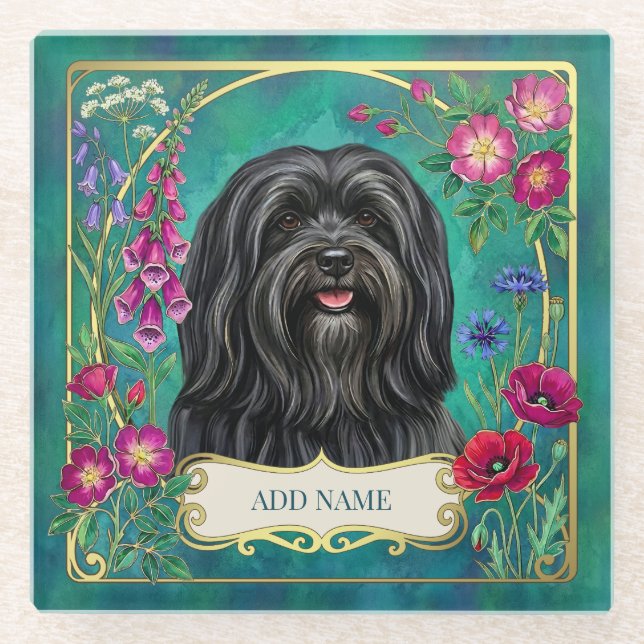 Personalisierter schwarzer Lhasa-Apso-Blumen-Glasu Glasuntersetzer (Vorderseite)