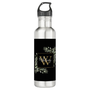 Personalisierter Schwarzer Monogramm-Grüner Edelstahlflasche