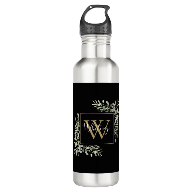 Personalisierter Schwarzer Monogramm-Grüner Edelstahlflasche (Vorderseite)