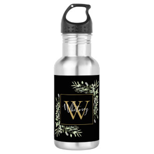 Personalisierter Schwarzer Monogramm-Grüner Edelstahlflasche