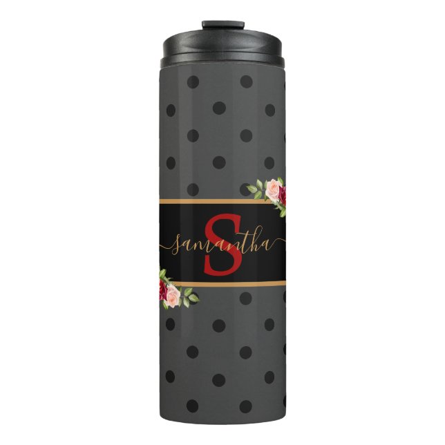 Personalisierter schwarzer Polka Dot und Rose Mit  Thermosbecher (Vorderseite)