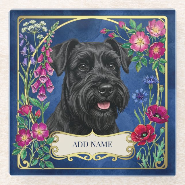 Personalisierter schwarzer Schnauzer blaue Coaster Glasuntersetzer (Vorderseite)