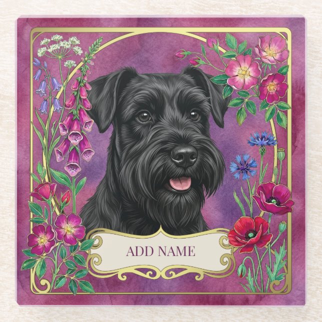 Personalisierter schwarzer Schnauzer rosa Unterset Glasuntersetzer (Vorderseite)