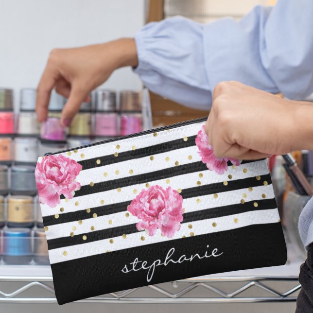 Personalisierter schwarzer Streifen Zubehörtasche (Personalized Floral Black Stripe Cosmetic Accessory Pouch)