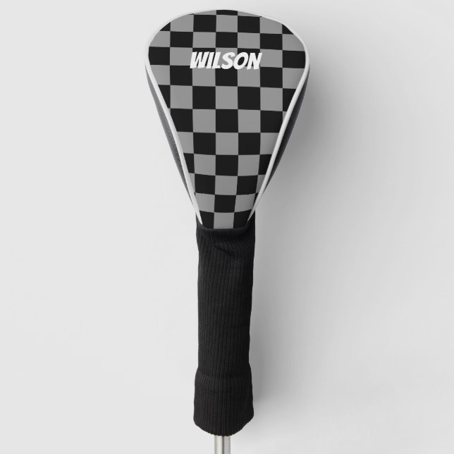 Personalisierter schwarzer und grauer karierter Mo Golf Headcover (Vorderseite)