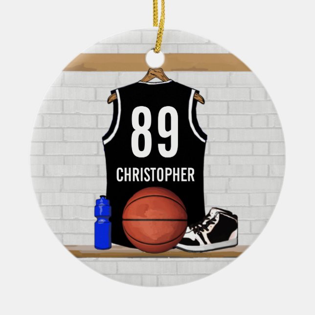 Personalisierter Schwarzweiss-Basketball Jersey Keramik Ornament (Vorne)