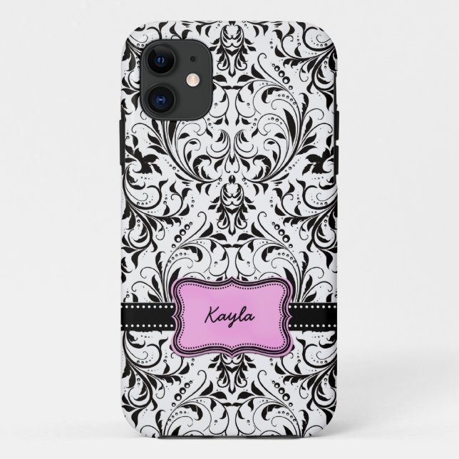 Personalisierter Schwarzweiss-Damast Case-Mate iPhone Hülle (Rückseite)