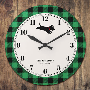 Personalisierter Scottie-Hund Buffalo Plaid Grün Große Wanduhr