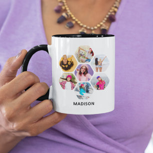 Personalisierter Sechseck-Foto-Collage-Name Tasse