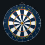 Personalisierter Senf aus der Mitte des Jahrhunder Dartscheibe<br><div class="desc">Dartboard mit einem Farbschema aus der Mitte des Jahrhunderts (dunkelblau,  rot und Senfgelb) mit personalisiertem Text auf der Oberseite und unten auf dem Board. Fügen Sie das Ihrer modernen Wohngestaltung aus der Mitte des Jahrhunderts hinzu!</div>