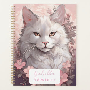 Personalisierter Serene White Cat Planner mit Name Planer