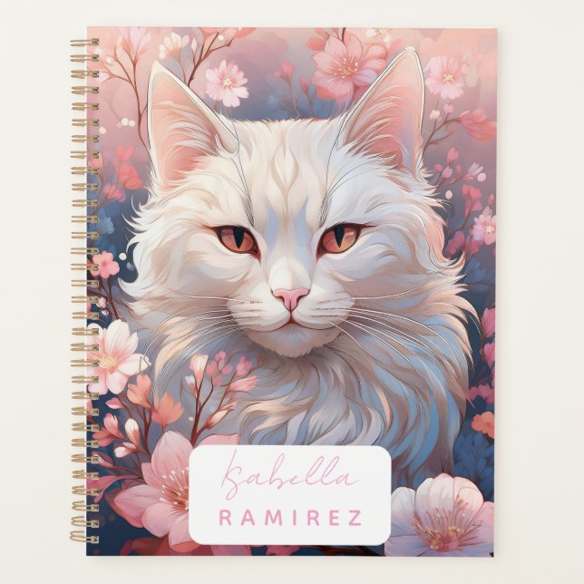 Personalisierter Serene White Cat Planner mit Name Planer (Vorderseite)