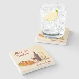 Personalisierter Shabbat Shalom Wasserfarben- Unte Steinuntersetzer
