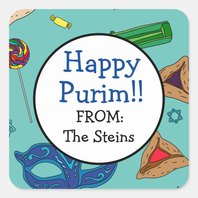 Personalisierter Shaloch Manot Aquamariner Platz A Quadratischer Aufkleber (Vorderseite)