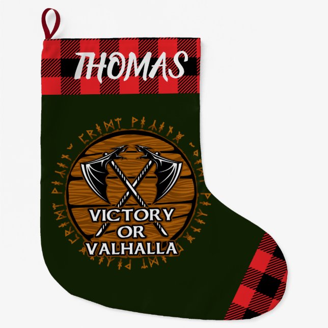 Personalisierter Sieg oder Valhalla Rot Kariert Großer Weihnachtsstrumpf (Vorderseite)