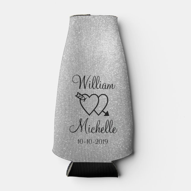 Personalisierter silber Glitzer Hochzeitsflasche c Flaschenkühler (Vorderseite)
