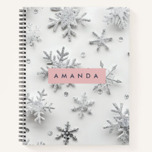 Personalisierter Silber-Schneeflocke & Winterweiß Notizbuch