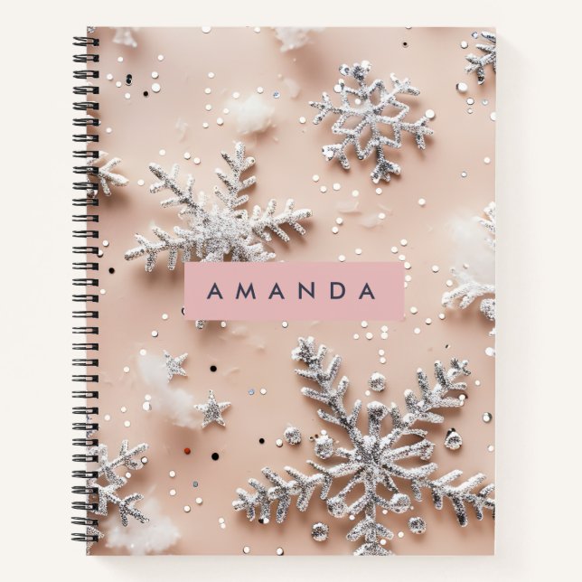 Personalisierter silberner Glitter-Schneeflocke Notizbuch (Vorderseite)