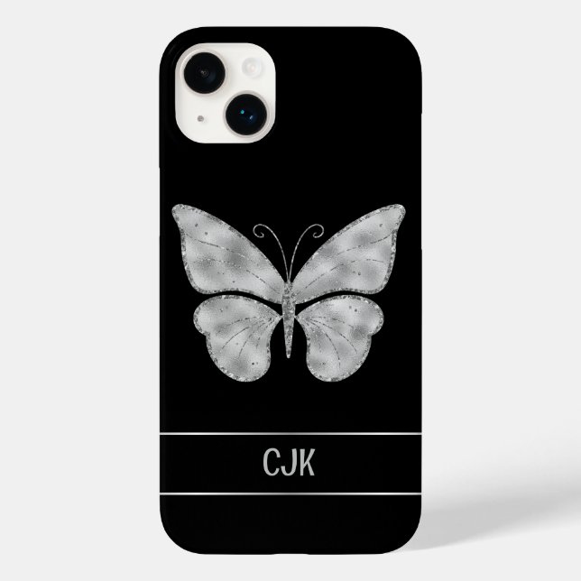 Personalisierter Silberschmetterling auf Schwarz Case-Mate iPhone Hülle (Rückseite)