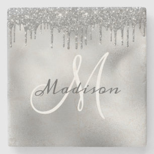 Personalisierter Silver Glitzer Monogram benutzerd Steinuntersetzer