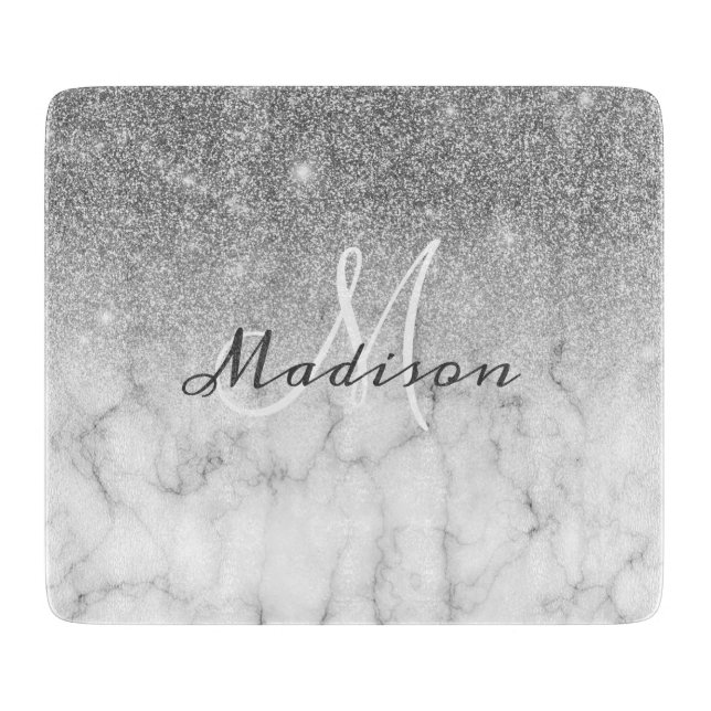 Personalisierter Silver Glitzer Monogram-Marmor Schneidebrett (Vorderseite)