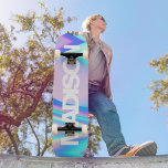 Personalisierter Skateboard Name Holographic Wave<br><div class="desc">Dieses farbenfrohe Skateboard auf der Holographic Rainbow Pastel Wave abstraktes Design mit Unicorn-Ästhetik und einer modernen und niedlichen Touch von Feen leicht personalisieren. Fügen Sie Ihren Namen,  wählen Sie Schriftart,  ändern Sie Größe und Position,  fügen Sie Clipart,  Fotos und Formen.</div>