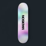 Personalisierter Skateboardname Moderner Niedliche Skateboard<br><div class="desc">Dieses farbenfrohe Skateboard auf der modernen Niedlichen holografischen Regenbogen Pastel Gradient abstrakten Design mit Einicornästhetik und einer modernen und niedlichen Touch von Fee leicht personalisieren. Fügen Sie Ihren Namen,  wählen Sie Schriftart,  ändern Sie Größe und Position,  fügen Sie Clipart,  Fotos und Formen.</div>