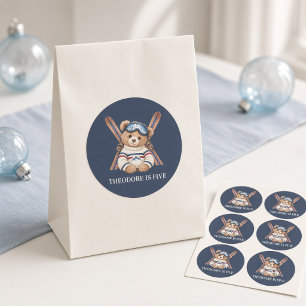 Personalisierter Ski-Teddybär 5. Geburtstag Runder Aufkleber