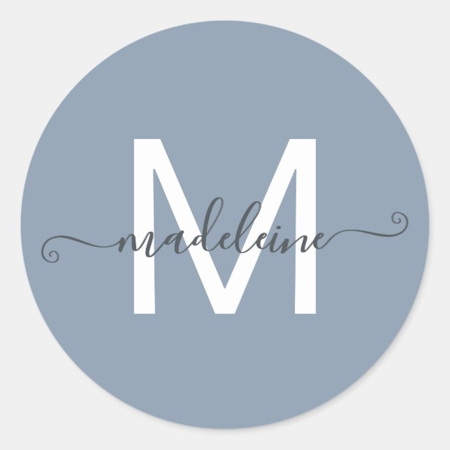 Personalisierter Skriptname-Monogramm Dusty Blue Runder Aufkleber (Vorderseite)