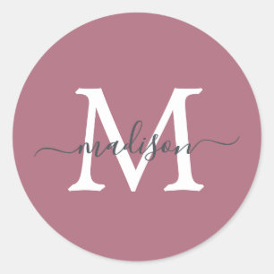 Personalisierter Skriptname Monogramm Dusty Rose Runder Aufkleber