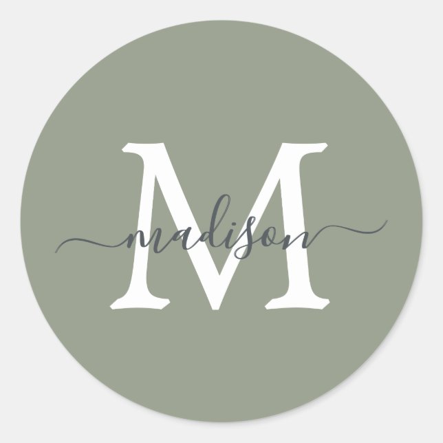 Personalisierter Skriptname Monogramm Salbeigrün Runder Aufkleber (Vorderseite)