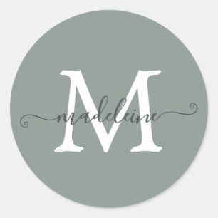 Personalisierter Skriptname Monogramm Staubgrün Runder Aufkleber