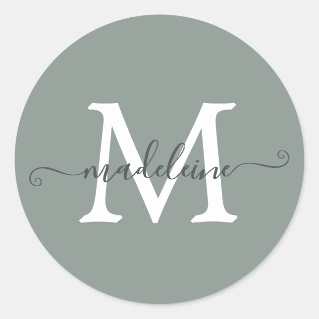 Personalisierter Skriptname Monogramm Staubgrün Runder Aufkleber (Vorderseite)