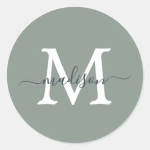 Personalisierter Skriptname Monogramm Staubgrün Runder Aufkleber