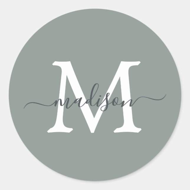 Personalisierter Skriptname Monogramm Staubgrün Runder Aufkleber (Vorderseite)