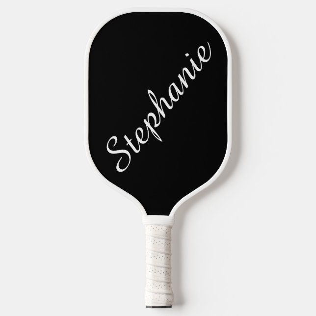 Personalisierter Skriptname Schwarz und Weiß Pickleball Schläger (Vorderseite)
