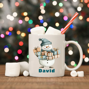 Personalisierter Snowman Holding Weihnachtsgeschen Kaffeetasse