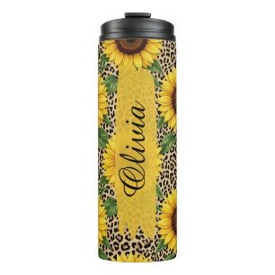 Personalisierter Sonnenblumen-Leoparden-Thermobech Thermosbecher