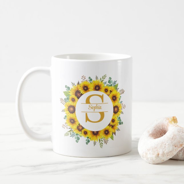 Personalisierter Sonnenblumenkranz Monogramm & Nam Kaffeetasse (Mit Donut)