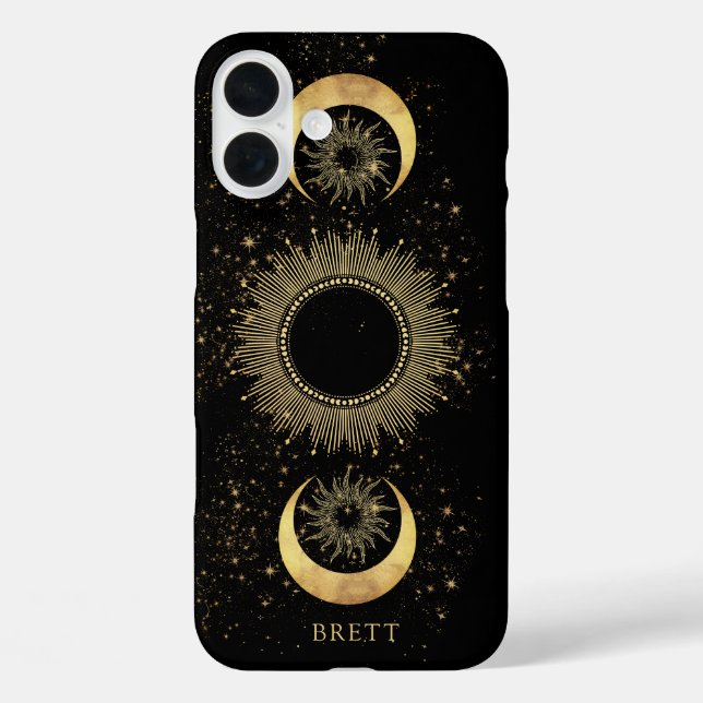 Personalisierter Sonnenmond Stars Black Gold Case-Mate iPhone Hülle (Rückseite)