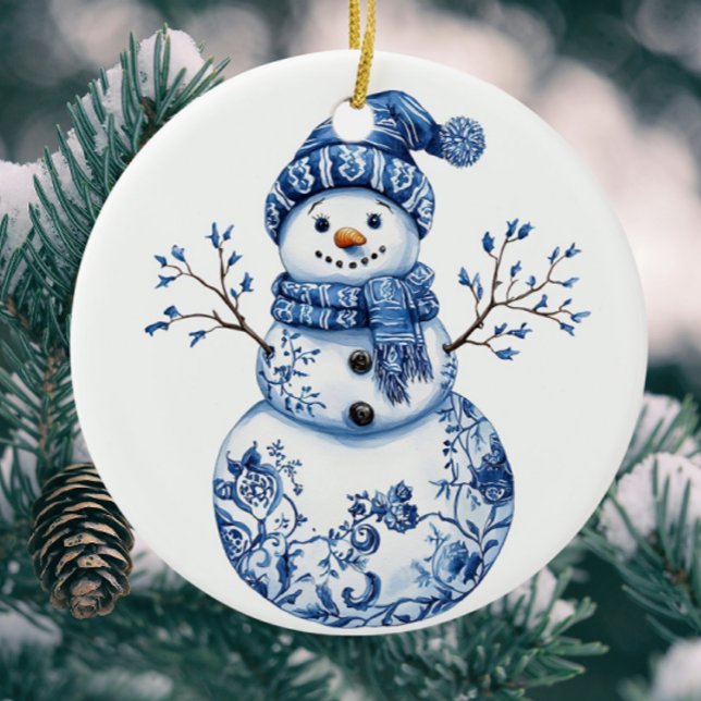 Personalisierter Spaß Chinoiserie Blue White Snowm Keramik Ornament (Personalize with your own message on the back!)