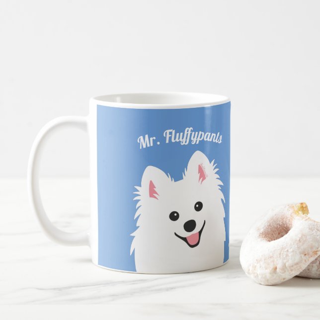 Personalisierter Spitz Hund, Samoyed, Eskimo Welpe Kaffeetasse (Mit Donut)