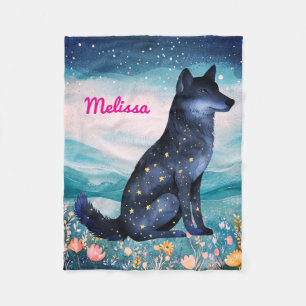 Personalisierter Starry Night Wolf in Wildblumen f Fleecedecke