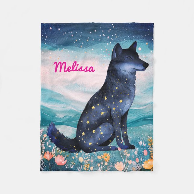 Personalisierter Starry Night Wolf in Wildblumen f Fleecedecke (Vorderseite)