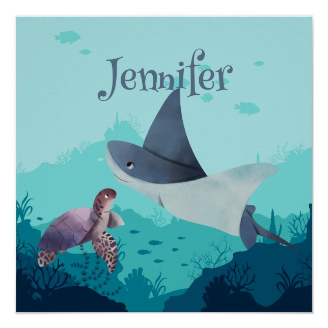 Personalisierter Stingray und Schildkröte unter Wa Poster (Vorderseite)