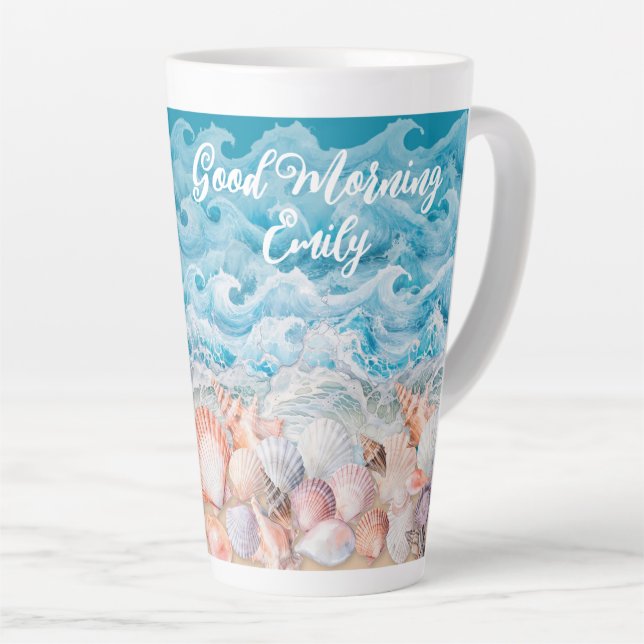 Personalisierter Strand-Latte-Mug "Guten Morgen" Milchtasse (Rechte Ecke)