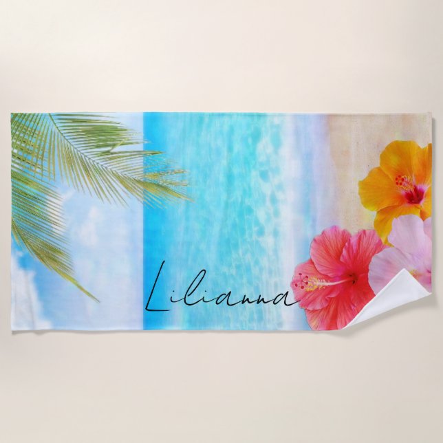Personalisierter Strand mit Hibiskus Strandtuch (Vorderseite)